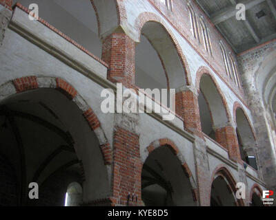 Das Innere der Stiftskirche der Himmelfahrt der Heiligen Jungfrau Maria und des Heiligen Alexius in Tum, Polen, zeigt ihr Kirchenschiff, die gewölbte Decke und die romanische Architektur. Stockfoto