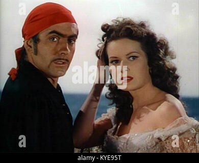 Ein Werbefoto von *The Black Swan* aus dem Jahr 1942 mit Tyrone Power und Maureen O’Hara in einem Karibik-Abenteuerfilm, der für seine Technicolor-Kinematografie und Piratenerzählung bekannt ist. Stockfoto