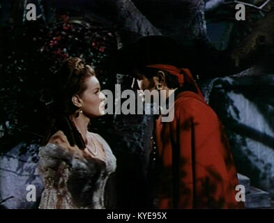 Eine Promotion mit den Schauspielern Tyrone Power und Maureen O’Hara aus dem Film The Black Swan von 1942 unter der Regie von Henry King. Das Bild hebt das Abenteuer und die romantischen Themen des Films hervor. Stockfoto