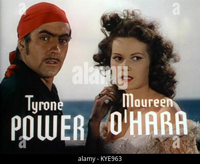 Ein Werbefoto aus dem Film The Black Swan aus dem Jahr 1942 mit den Schauspielern Tyrone Power und Maureen O’Hara. Der Film unter der Regie von Henry King ist ein Technicolor-Abenteuer im Zeitalter der Piraterie in der Karibik. Stockfoto