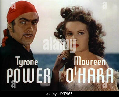 Dieses Werbebild aus dem 1942 erschienenen Abenteuerfilm „The Black Swan“ zeigt Tyrone Power und Maureen O'Hara, die ihre Rollen in diesem historischen Abenteuerfilm zeigen. Stockfoto
