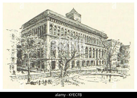 Die Darstellung des New York City Produce Exchange Gebäudes aus dem Jahr 1891 zeigt das Äußere eines großen Handelszentrums im Finanzviertel von Manhattan; das Gebäude ist bekannt für sein italienisches Renaissancestil, die Terrakotta-Fassade und den prominenten Uhrturm, der die Skyline dominierte. Stockfoto