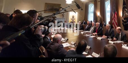 Us-Präsident Donald Trump in einer Kabinettssitzung im Schaltschrank des Weißen Hauses Januar 10, 2018 in Washington, DC. Sitzung mit dem Präsidenten werden von links nach rechts: Ausbildung Sekretärin Betsy DeVos, HHS Sekretärin Eric Hargan, Innen Sekretärin Ryan Zinke, Staatssekretär Rex Tillerson, Verteidigungsminister James Mattis und Commerce Secretary Wilbur Ross links. Stockfoto