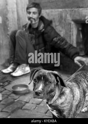 Im mittleren Alter Mann betteln mit einem Hund auf einer Straße in Rom, Italien, Europa. ar Stockfoto