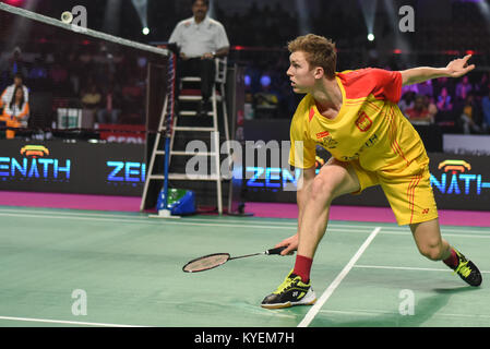 Hyderbad, Indien. 13 Jan, 2018. Viktor axelsen von Bengaluru Blasters in Aktion während der zweiten Halbfinale Bengaluru Blasters Vs Amhedabad Smash Meister Credit: Varun Kumar Mukhia/Pacific Press/Alamy leben Nachrichten Stockfoto