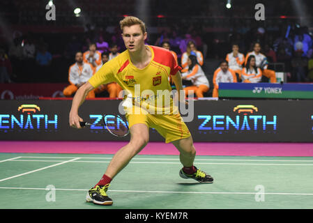 Hyderbad, Indien. 13 Jan, 2018. Viktor axelsen von Bengaluru Blasters in Aktion während der POL 2. Halbfinale Bengaluru Blasters Vs Amhedabad Smash Meister Credit: Varun Kumar Mukhia/Pacific Press/Alamy leben Nachrichten Stockfoto