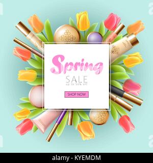 Realistische 3D-kosmetischen Frühling Verkauf banner Vorlage. Platz Werbe Poster Tulpe Blume Blüte blau Himmel blur hell gold Paket rosa Rahmen flach Vector Illustration Stock Vektor