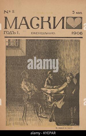 Vordere Abdeckung des Russischen satirische Zeitschrift Maski (Masken), ein Mann und eine Frau an einem Tisch einander gegenüber sitzen, während ein Polizist an der Seite des Tisches sitzt die Beobachtung mit einem offenen Taschenuhr vor ihm, mit Text lesen im Gefängnis ndezvous', 1906. () Stockfoto