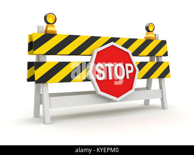 Straßensperre mit Stop-Symbol, das ist ein 3D-gerenderte Computer generierten Bildes. Auf weiß isoliert. Stockfoto