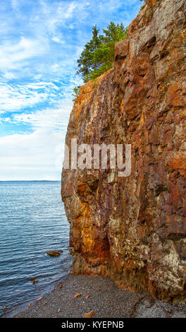 Maine Küste Cliff sehr steilen dramatisch mit Baum auf der Oberseite, Wasser unten. Von der Seite gesehen. Lage: in der Nähe von Bar Harbor Acadia National Park. Stockfoto