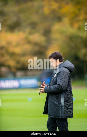 FOA SPORT BILD SCHREIBTISCH Montag, 06. November 2017 dargestellt: Wales Manager Chris Coleman sieht auf Re: Wales International Soccer Team Training an der Vale Resort, Cardiff, Wales, Großbritannien Stockfoto