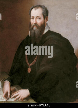 *Autoritratto* von Giorgio Vasari ist ein Selbstporträt, das die Technik, den Stil und den Beitrag des Künstlers zur Kunst der Renaissance zeigt und seine Fähigkeiten in der Selbstdarstellung unterstreicht. Stockfoto