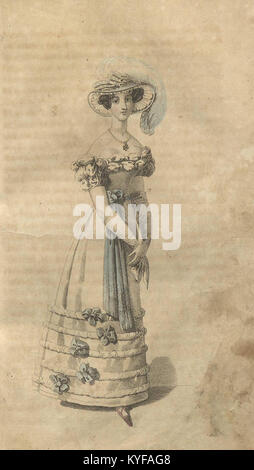 Eine Illustration aus der 1824 erschienenen Ausgabe von „Veckoskrift för fruntimmer“, die die Mode und gesellschaftliche Präsentation von Frauen in Schweden während des frühen 19. Jahrhunderts zeigt. Stockfoto