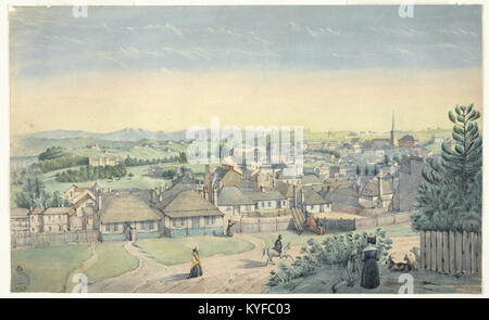 Der Flagstaff Hill ist um 1844 abgebildet und zeigt die umliegende Landschaft, das Gelände und die lokale Siedlung in einer historischen Ansicht von Fowles. Stockfoto