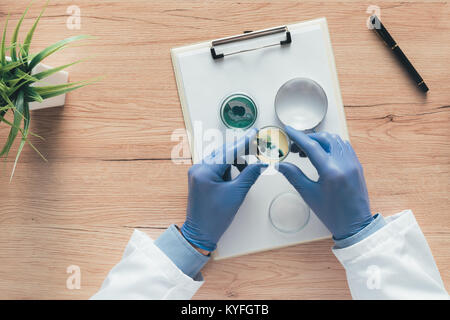 Ansicht von oben der Labortechniker Analyse der wachsenden bakteriellen Kulturen in der Petrischale, Wissenschaft und Mikrobiologie Hintergrund Stockfoto