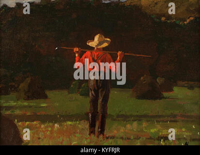 Ölgemälde „Farmer mit Pitchfork“ des amerikanischen Künstlers Winslow Homer (1836–1910), das ländliche Leben und landwirtschaftliche Arbeit im 19. Jahrhundert darstellt. Stockfoto