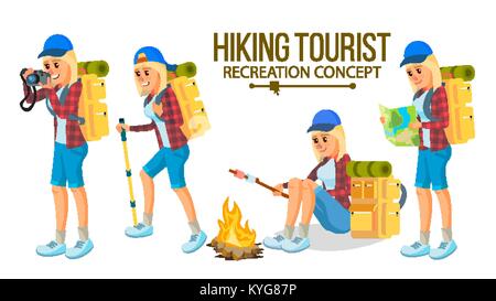 Wandern Frau Vektor. Wandern in den Bergen. Abenteuer in der Natur, Urlaub. Isolierte flache Zeichentrickfigur Abbildung Stock Vektor