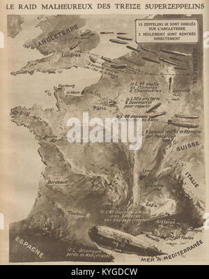 Das Bild zeigt die Rückkehr der deutschen Zeppeliner nach Bombenangriffen über England am 19. Oktober 1917, was ihre Rolle bei Luftschiffen und der militärischen Strategie des Ersten Weltkriegs veranschaulicht. Stockfoto
