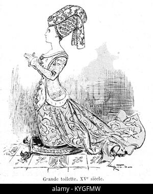 Diese Illustration aus Albert Robidas Werk „Mesdames nos aieules“ aus dem Jahr 1891 zeigt zehnhundertjährige Damenmode und betont historische Stile und kulturelle Trends. Stockfoto