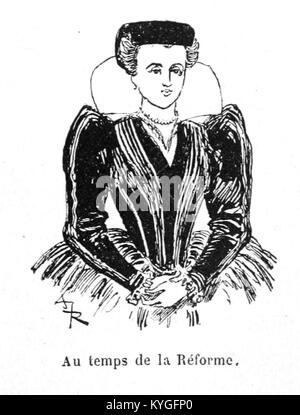 Eine Illustration von Albert Robida aus dem Jahr 1891, die historische Mode und soziale Bräuche der Frauen darstellt, Teil des Buches „Mesdames nos aieules“. Stockfoto