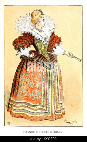 Diese Illustration aus Albert Robidas Buch „Mesdames nos aieules“ aus dem Jahr 1891 zeigt Mode und Kulturstile von Frauen über zehn Jahrhunderte hinweg. Stockfoto