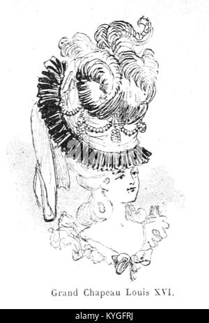 Eine Illustration aus Albert Robidas „Mesdames nos aieules“ aus dem Jahr 1891, die Damenbekleidung und kulturelle Modetrends in verschiedenen Epochen der europäischen Geschichte darstellt. Stockfoto