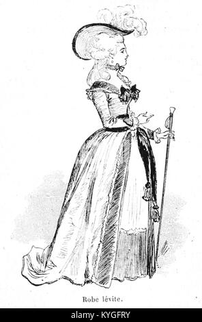 Diese Illustration von Albert Robida aus dem Jahr 1891 aus „Mesdames nos aîeules“ zeigt die Mode und Eleganz französischer Frauen über zehn Jahrhunderte und veranschaulicht historische Veränderungen in der Kleidung vom Mittelalter bis zum Frankreich des späten 19. Jahrhunderts. Stockfoto
