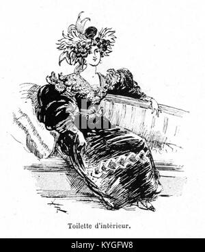 Eine Illustration aus Albert Robidas Band „Mesdames nos aieules“ aus dem Jahr 1891, in dem historische Kleidung und Accessoires von Frauen dargestellt werden, die Jahrhunderte europäischer Eleganz und Design widerspiegeln. Stockfoto