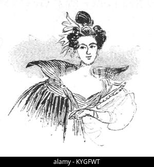 Albert Robidas Illustration „Mesdames nos arrière-grands-mères“ aus dem Jahr 1891 zeigt Mode und gesellschaftliche Normen aus früheren Jahrhunderten und hebt historische Kleidungsstile hervor. Stockfoto