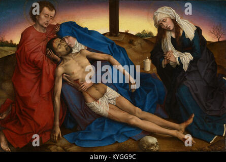 Das Gemälde „Pietà“ von Rogier van der Weyden ist ein Kunstwerk aus dem 15. Jahrhundert, das die Jungfrau Maria zeigt, die den Leichnam Christi trägt. Es zeigt van der Weydens Beherrschung der Emotionen und Details in der religiösen Kunst und repräsentiert Schlüsselelemente des Stils der frühen Nördlichen Renaissance. Stockfoto