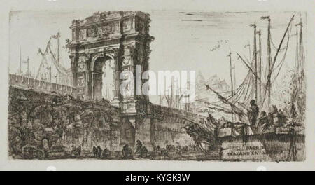 Dieser Druck von Giovanni Battista Piranesi (1720–1778) zeigt den Trajan-Bogen in Ancona zusammen mit Ansichten von Triumphbögen und anderen Denkmälern und veranschaulicht architektonische Details aus dem 18. Jahrhundert. Stockfoto