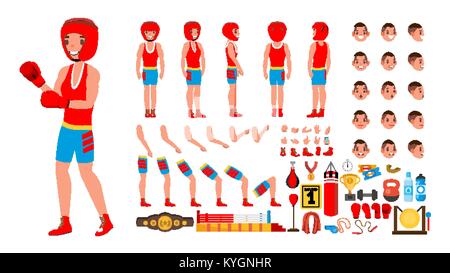 Boxing Player Vektor. Animierte Figur Schöpfung gesetzt. Kampf Sportler männlich. Volle Länge, vorne, seitlich, hinten, Zubehör, Posen, Gesicht Emotionen, Gesten. Isolierte flache Cartoon Illustration Stock Vektor