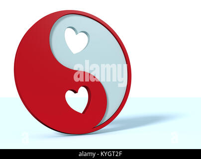 Yin und Yang Symbol mit Herzen, weisser Hintergrund (3d Render) Stockfoto