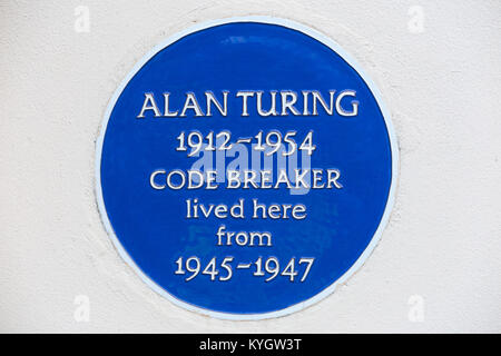 Blaue Plakette auf frühere Heimat der/Haus einmal lebte in der von Alan Turing, der berühmte Mathematiker & Enigma code breaker. 78 High Street, Hampton. UK. (93) Stockfoto