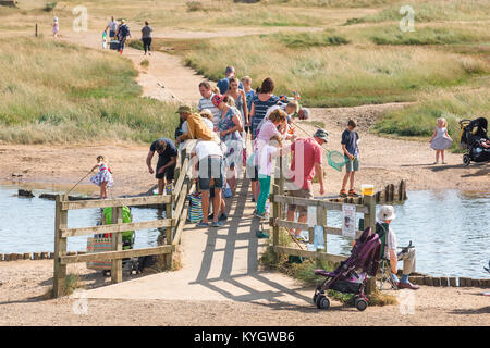 Walberswick Suffolk Krabbenfischen, Blick auf einen Sommermorgen der Familien Krabbenfischen von der kleinen Holzbrücke in Walberswick, Suffolk UK. Stockfoto