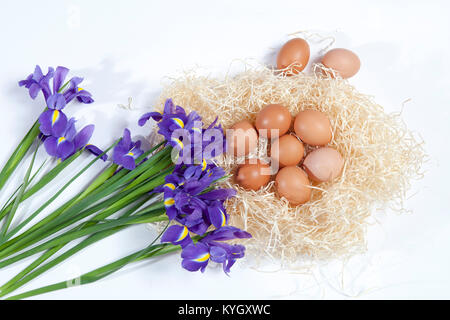 Urlaub Grußkarte für Valentinstag, Woman's Day, Muttertag, Ostern! Wild, lila Iris und einen Korb mit Ostereiern auf Holz- Tabelle in der Stockfoto