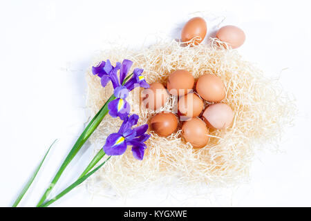 Urlaub Grußkarte für Valentinstag, Woman's Day, Muttertag, Ostern! Wild, lila Iris und einen Korb mit Ostereiern auf Holz- Tabelle in der Stockfoto