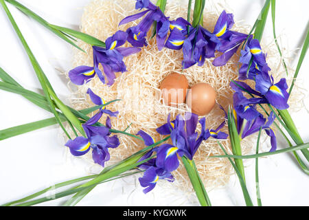 Urlaub Grußkarte für Valentinstag, Woman's Day, Muttertag, Ostern! Wild, lila Iris und einen Korb mit Ostereiern auf Holz- Tabelle in der Stockfoto