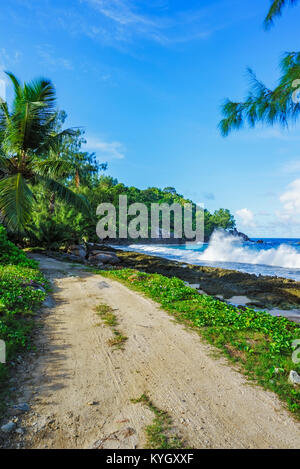 Ein Sandweg neben wilden Strand mit Palmen und Granitfelsen der Seychellen Stockfoto