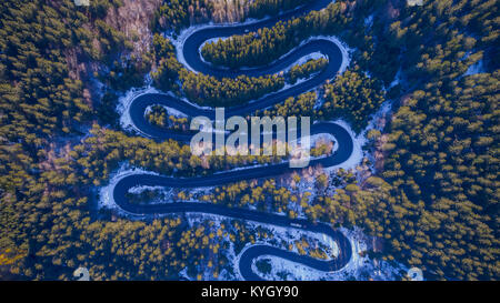 Geschwungene Straße durch den Wald. Pass in Siebenbürgen, Rumänien. Luftaufnahme von einer Drohne. Stockfoto