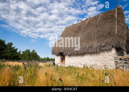 Gotland, Schweden Alte Scheune mit einem Strohdach in einem Feld von hohem Gras und Wildblumen. Blauen Himmel mit vereinzelten Wolken. Schönen Sommertag Stockfoto