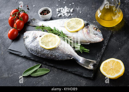 Ungekocht Dorade Fisch mit Zitrone, Rosmarin, Olivenöl und Gewürzen auf Schiefer auf dunklem Hintergrund. Selektiver Fokus Stockfoto