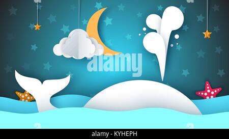 Whale, Meer, Sterne, Himmel, Mond - Papier Cartoon Illustration. Stock Vektor