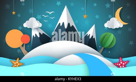 Cartoog Papier Insel. Star, Berg, Wolke, Mond, Meer, Stern, Baum. Stock Vektor