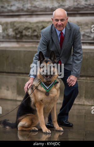 US-Militär Gebrauchshund Ayron, der posthum eine PDSA Dickin Medal im Namen von Chips, ein WWII US Army Hund erhalten hat, mit Chips "ehemalige Inhaber John Wren. Chips wird zum Schutz des Lebens von seinem platoon während der Invasion und der Strand, die Anlandungen von Sizilien im Jahr 1943 erkannt. Stockfoto