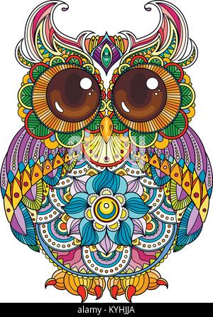 Vektor zendoodle verzierten Eule Abbildung. Cute gemusterten lustiger Vogel. Bild für Malvorlagen, Druck und antistress Bücher. Stock Vektor