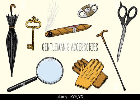 Gentleman Zubehör. Hipster oder Geschäftsmann, der viktorianischen Ära. graviert Hand in alten Vintage Skizze gezeichnet. Scheren und Regenschirm, Spazierstock, Zigarre und Lupe, Handschuhe und Schlüssel. Stock Vektor