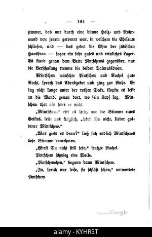 Seite 104 aus Leopold von Sacher-Masochs „Judengeschichten“, einem literarischen Werk aus dem 19. Jahrhundert, das Themen des jüdischen Lebens und der sozialen Beziehungen in Mitteleuropa erforscht. Stockfoto