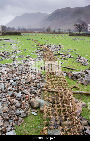 Ackerland durch Hochwasser beschädigt, mit Trockenmauern wusch. Cumbria, Großbritannien. Stockfoto