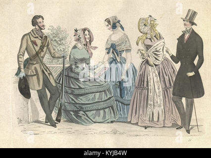 Eine Illustration aus dem Jahr 1843 aus dem Stockholms Mode-Journal zeigt elegante schwedische Mode- und Designeinflüsse aus dem 19. Jahrhundert. Stockfoto